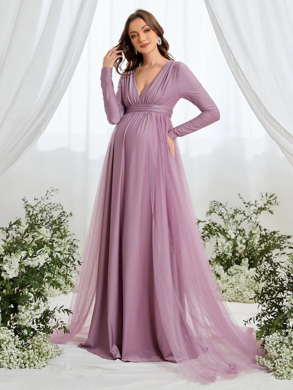 Maternity Plunging Neck Long Sleeve Contrast Mesh Formal Dress - Elonnashop