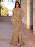 Plus Elegant Off Shoulder Split Sequin Mermaid Formal Dress