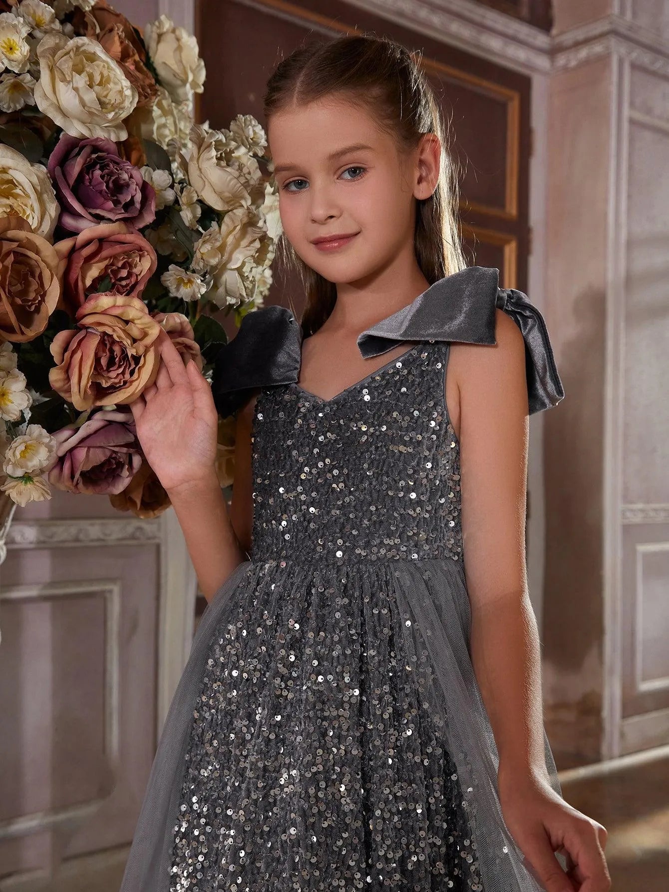 Tween Girls' Tie Shoulder Contrast Mesh Sequin Dress - Elonnashop