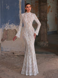 High Neck Long Sleeve Lace Maxi Dress | Sheer Illusion Mermaid Gown with Trumpet Sleeves & Open Back | Elegant Evening Dress for Formal Parties, Proms, Ceremonies