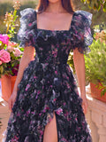 Elegant Ruffle Trim Puff Sleeves Floral Organza Prom Dress