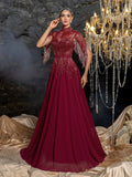 Gorgeous Beaded Fringe High Neck Gown | Fitted Waist with Flowing A-Line Skirt