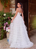 Gorgeous Lace Up Back Cascading Ruffle Hem Slip Wedding Dress