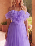 Off Shoulder Ruffle Trim Mesh Wedding Dress