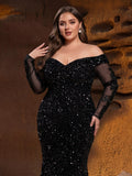 Plus Gorgeous Off Shoulder Mermaid Hem Sequin Evening Dress