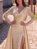 Sequin Evening Gown with Sheer Long Sleeves, Deep V-Neck & Back V-Cut | Elegant High Slit Formal Dress for Special Occasions