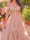Gorgeous Off Shoulder Sheer Corset Bodice Ruffle Trim Tulle Prom Dress