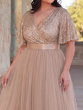 Plus Elegant Surplice Neck Butterfly Sleeves Sequin Evening Dress