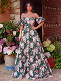 Floral Jacquard Off Shoulder Puff Sleeves Prom Dress