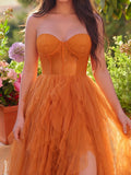 Elegant Lace Bodice Contrast Split Ruffle Layered Hem Prom Tube Dress