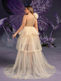 Plus Maternity  One Shoulder Tulle Overlay Sequin Party Dress