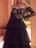 Gorgeous Off Shoulder Lace Bodice Layered Tulle Hem Wedding Dress