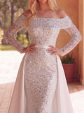 Gorgeous Off Shoulder Sheer Sleeves Mermaid Hem Sequin Wedding Dress with Satin Train