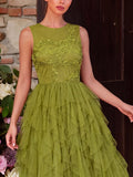 Gorgeous Applique Detail Cascading Ruffle Hem Tulle Prom Dress