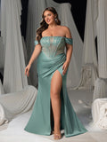 Plus Size Sequin Off-Shoulder Evening Gown - Fishbone Mermaid Dress with High Slit