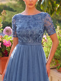 Elegant Sequin Bodice Contrast Mesh Hem Evening Dress
