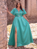 Plus Rhinestone Detail Ruffle Sleeve Satin Belted Dress