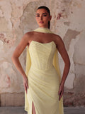Elegant Strapless Maxi Dress | Ruched Tulle Gown with High Front Slit and Open Back Lace-Up Detail