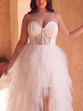 Plus Elegant Strapless Sweetheart White Bridal Gowns: Tiered Tulle Skirt with Thigh-High Slit & Corset Bodice – Elegant 1XL-5XL Wedding Dresses