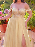 Plus Gorgeous Off Shoulder Beaded Sequin Bodice Split Thigh Tulle Formal Dress