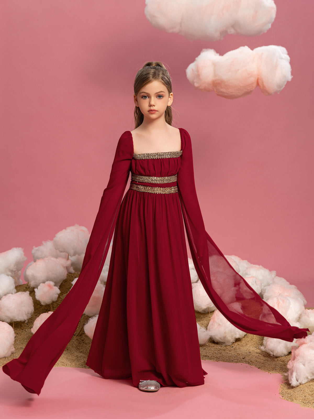 Tween Girls' Lace Trim Decoration Cape Sleeves Chiffon Party Dress