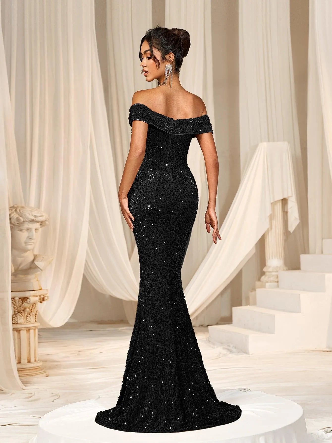 Elegant Off Shoulder Split Sequin Mermaid Dress - Elonnashop
