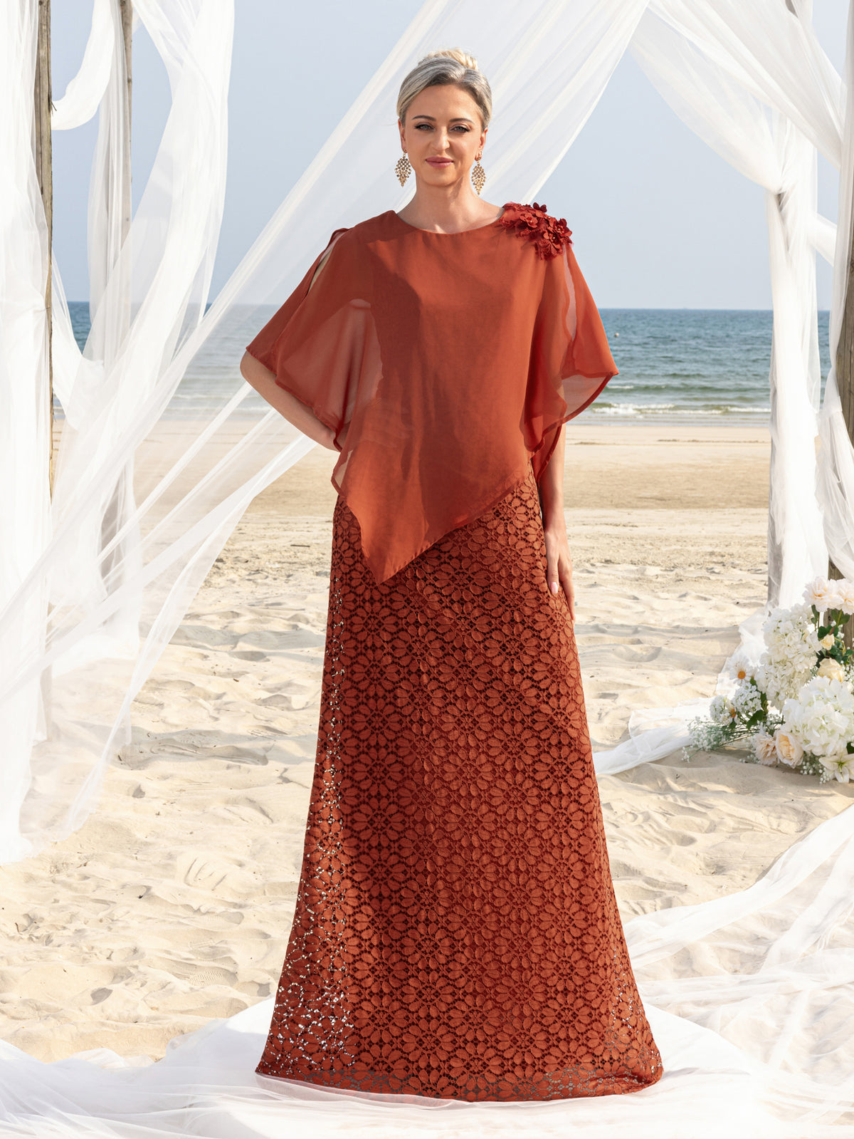 Womens' Elegant Cape-Style Evening Gown with 3D Floral Appliqués on One Shoulder, Intricate Lace Maxi Skirt & Back Zipper Closure for Outdoor Ceremonies, Formal Garden Parties & Upscale Evening Events