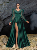Elegant Satin A-line Evening Gown with V-Neck, Tulle Puff Sleeves and High Slit