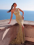 Elegant One Shoulder Split Thigh Sequin Mermaid Hem Evening Dress