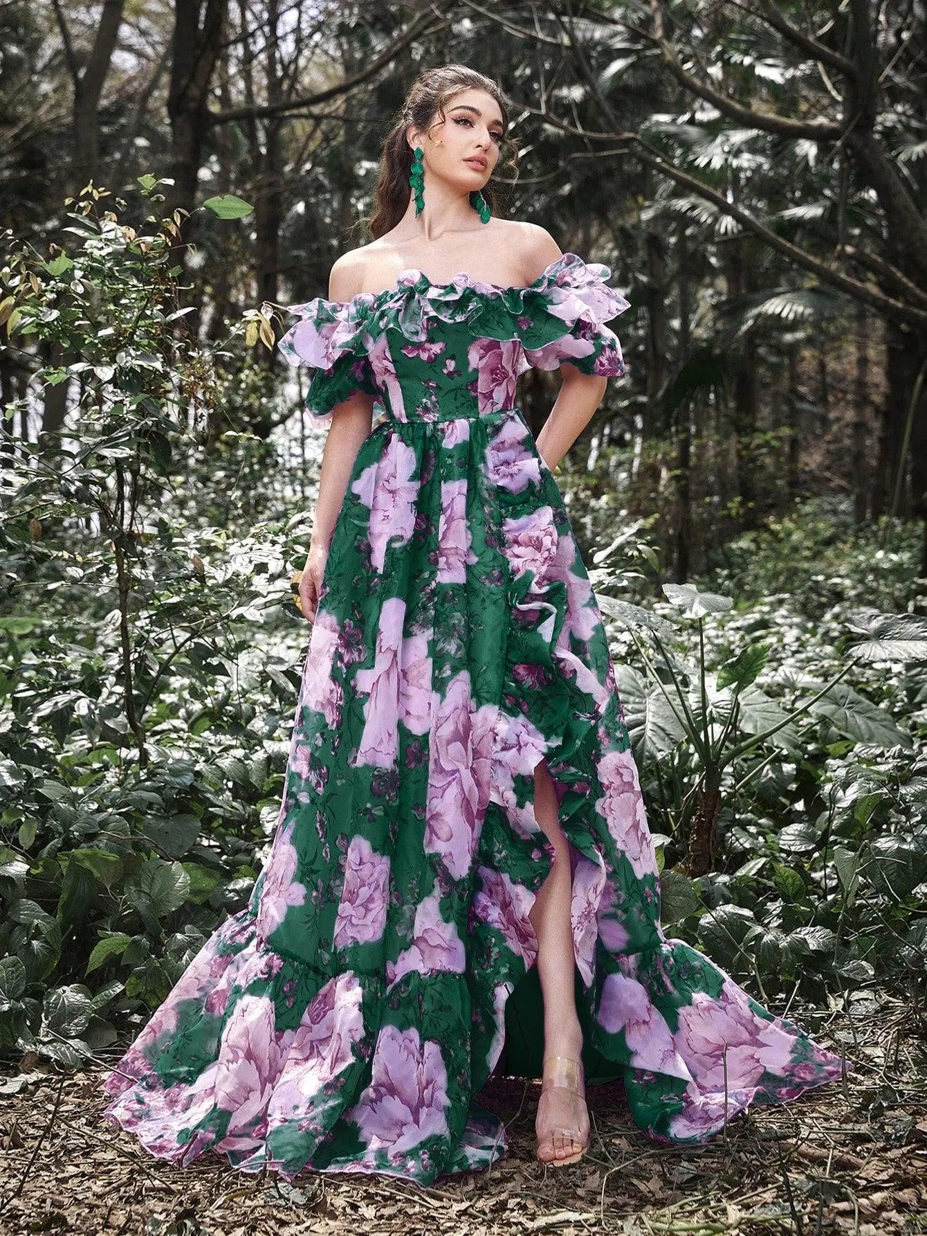 Elegant Ruffle Trim Off Shoulder Floral Organza Prom Dress - Elonnashop