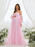 Maternity Off-Shoulder Evening Gown with Puff Sleeves – Flowy Tulle Dress for Pregnancy Photoshoots & Baby Showers