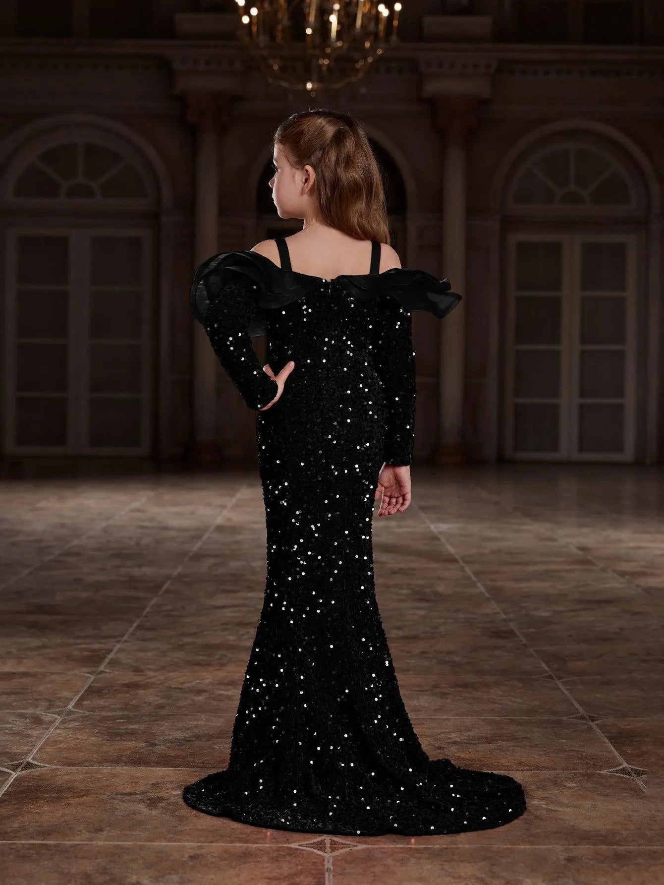 Tween Girls' Off Shoulder Ruffle Trim Sequin Mermaid Dress - Elonnashop