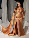 Plus Satin Deep V-Neck Long Sleeves Evening Gown - Formal Dresses with High Slit