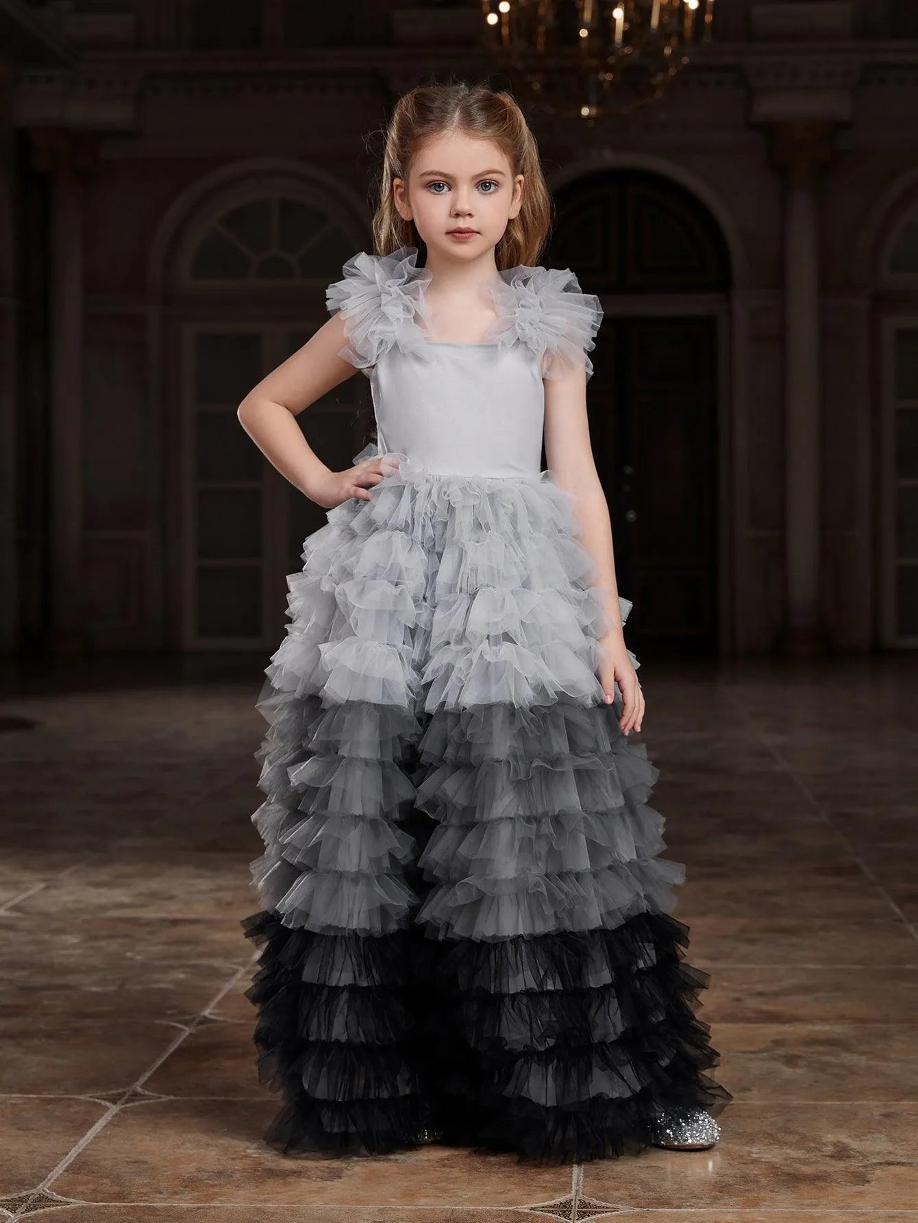 Tween Girls' Ruffle Trim Gradient Layered Hem Cake Dress - Elonnashop