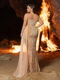 Plus Off Shoulder Split Thigh Sequin Formal Party Dress