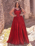 Plus Spaghetti Strap Metallic A Line Prom Dress