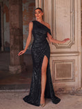 One-Shoulder Sequined Gown with Thigh-High Slit