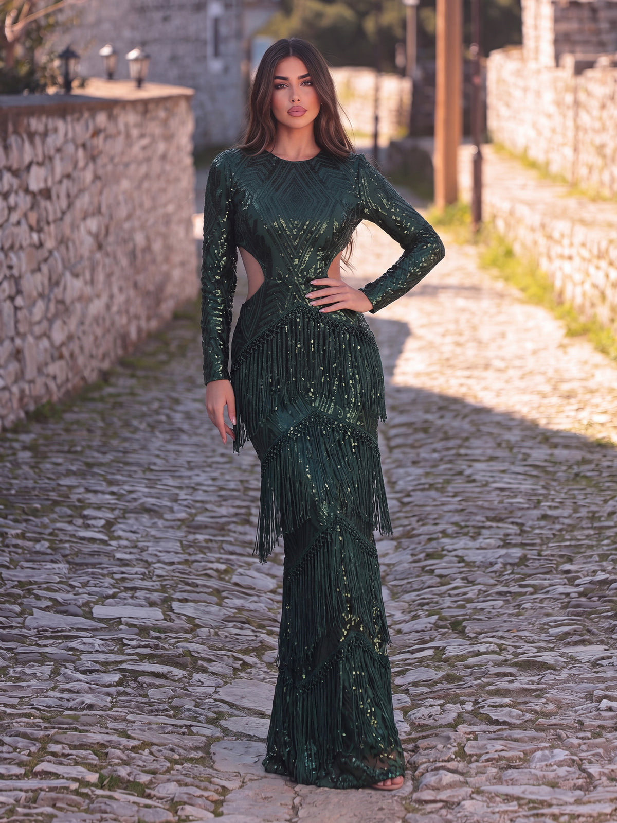 Gorgeous Cut Out Waist Fringed Sequin Party Dress