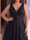 Plus Plunging Meck Backless Floral Sequin Prom Dress