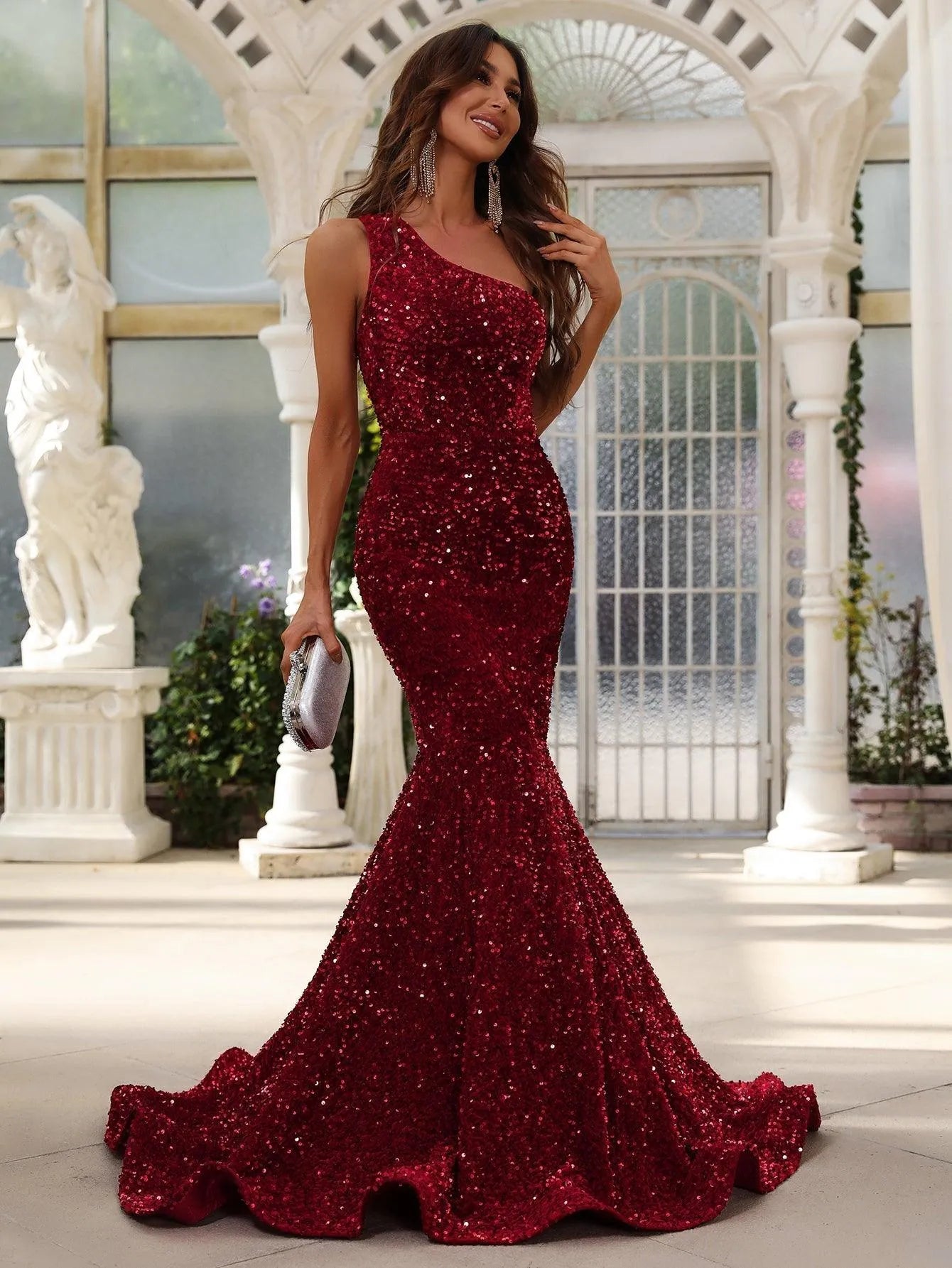 Elegant One Shoulder Sleeveless Sequin Mermaid Dresses - Elonnashop