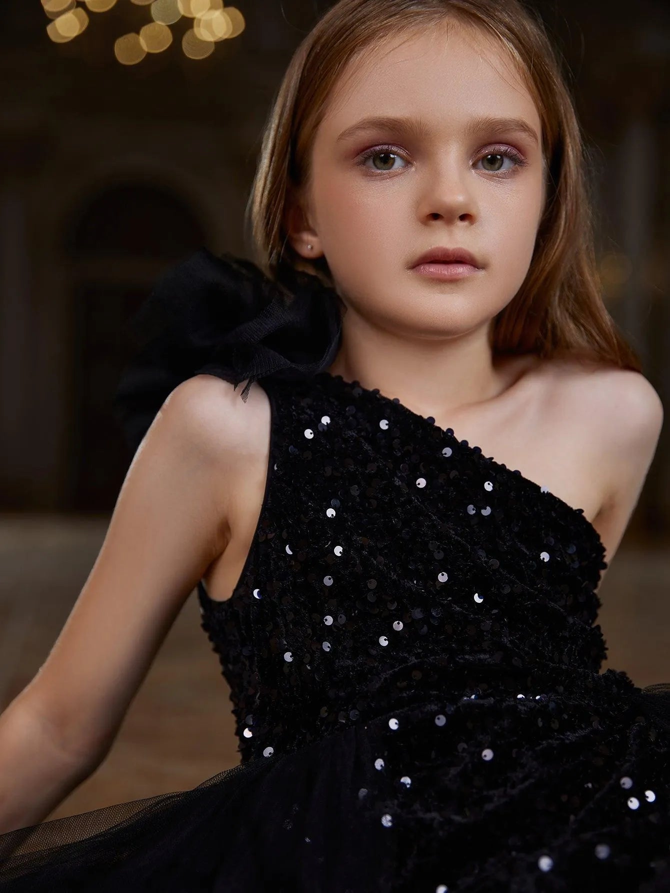 Tween Girls' One Shoulder Mesh Layered Hem Sequin Dress - Elonnashop