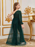 Tween Girls' One Shoulder Mesh Overlay Sequin Jumpsuit - Elonnashop