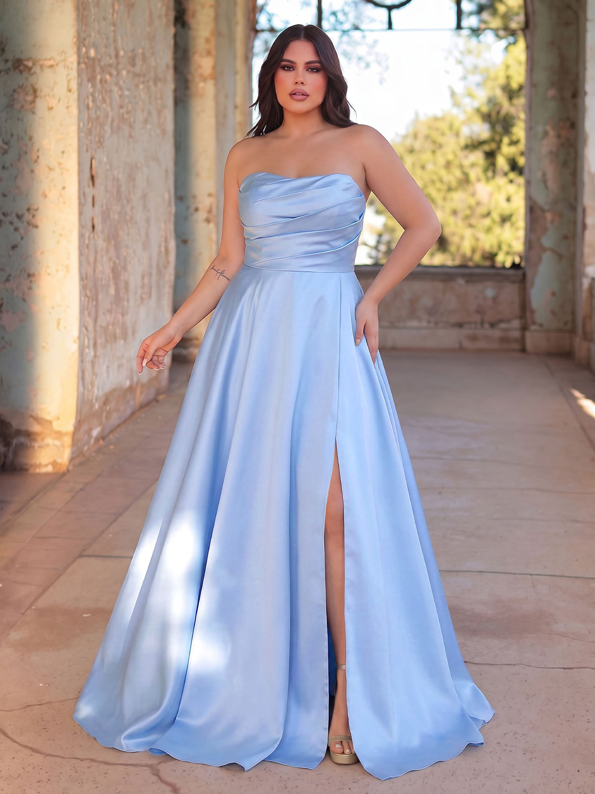 Plus Elegant Strapless Satin Maxi Dress with High Front Slit, Open Back Lace-Up Corset, Flowy A-Line Skirt for Galas, Weddings, Prom