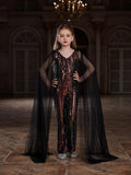 Tween Girls' V Neck Mesh Cape Sleeves Sequin Jumpsuit - Elonnashop