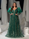Plus Luxury Plunging Neck Backless Gigot Sleeves Maxi Prom Dress