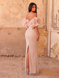 Luxury Off-Shoulder Pearl Beaded Gown | Tulle Ruffle Mermaid Silhouette with High Slit & Corset Back | Formal Evening Dress for Weddings, Galas, Prom