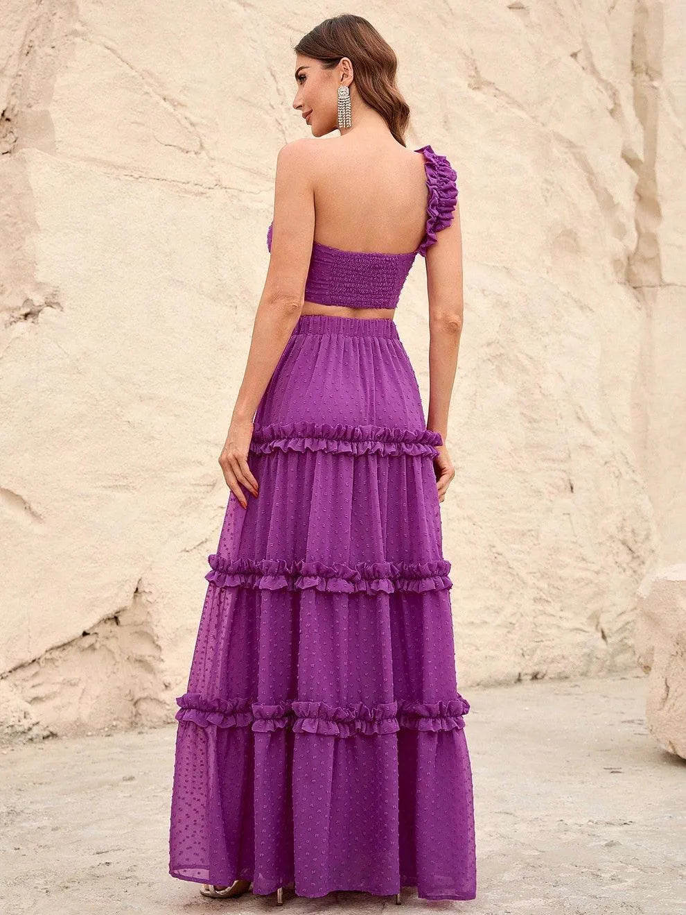 Swiss Dot One Shoulder Crop Top & Chiffon Skirt - Elonnashop