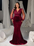 Plus Size V-Neck Puff Sleeves Velvet Mermaid Formal Dress with Pearl Accents