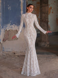 High Neck Long Sleeve Lace Maxi Dress | Sheer Illusion Mermaid Gown with Trumpet Sleeves & Open Back | Elegant Evening Dress for Formal Parties, Proms, Ceremonies