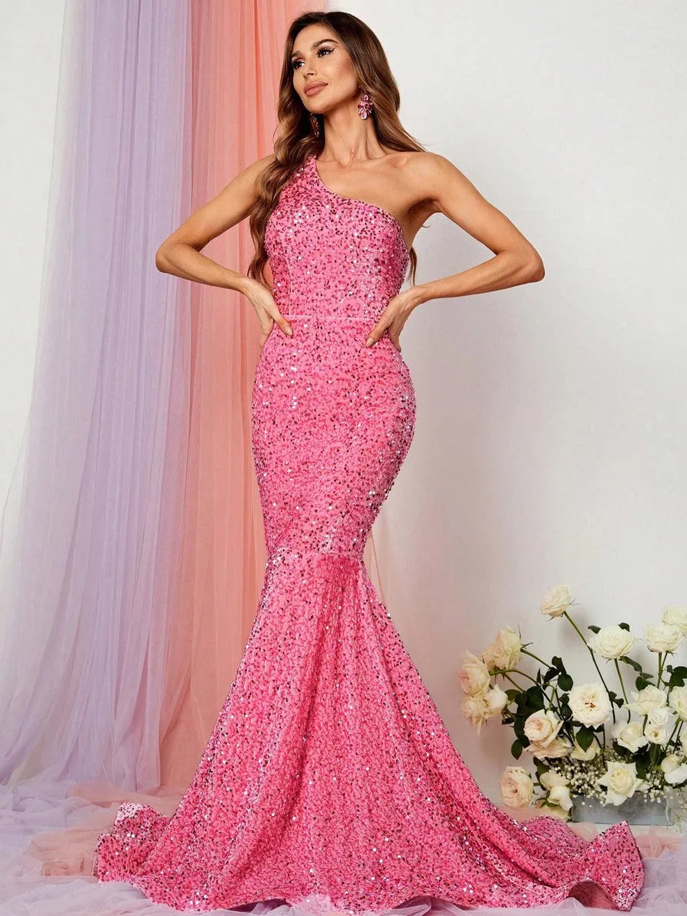 Elegant One Shoulder Sleeveless Sequin Mermaid Dresses - Elonnashop